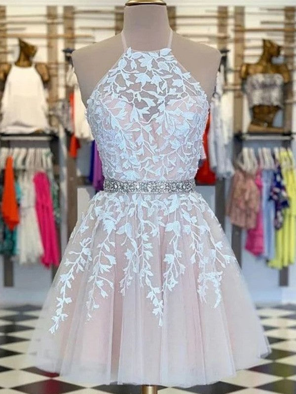 A-line Princess Applique Tulle Sleeveless Halter Mini Homecoming Ball Party Dress
