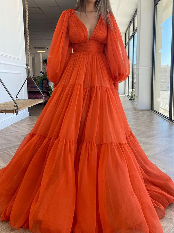 A-line Princess Dress Sexy V-neck Long sleeved 30D Chiffon Ruffle Edge Dress