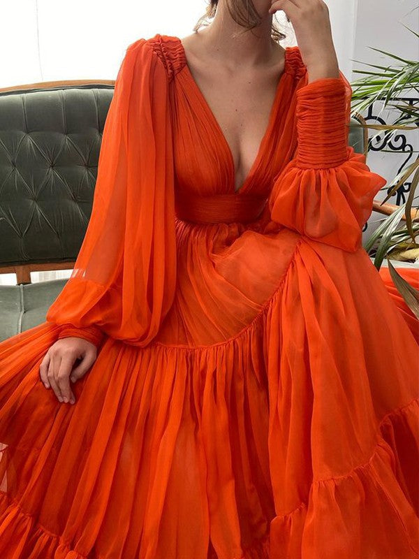 A-line Princess Dress Sexy V-neck Long sleeved 30D Chiffon Ruffle Edge Dress