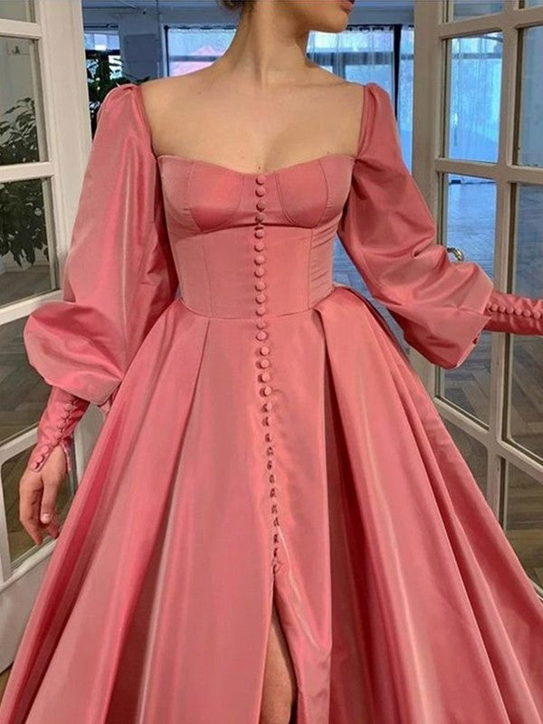 A-line Sweet Princess Long sleeved Square Ruffle Edge Satin Floor Dress