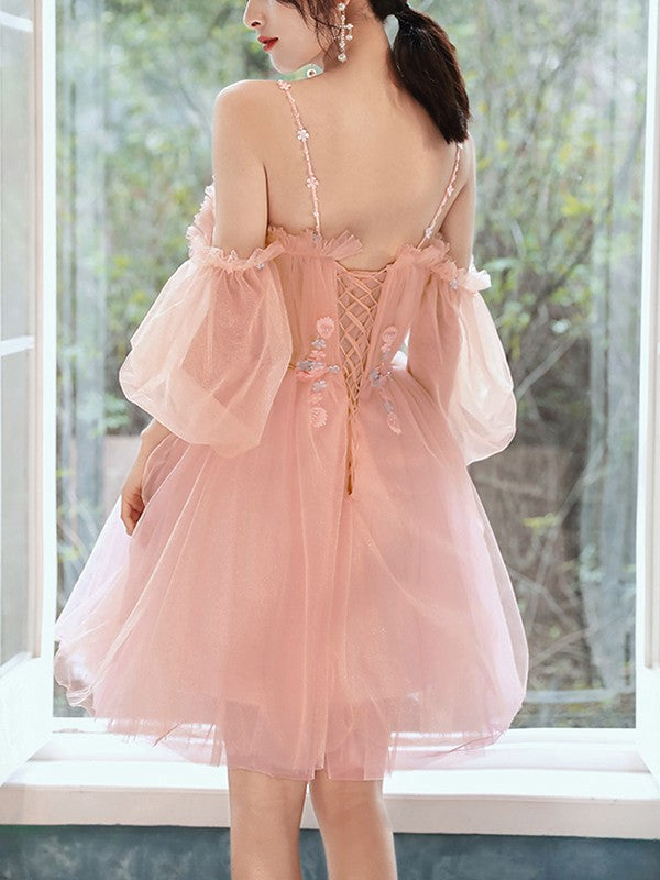 A-line Princess Tulle Beaded Italian Noodle Strap Mini Dress