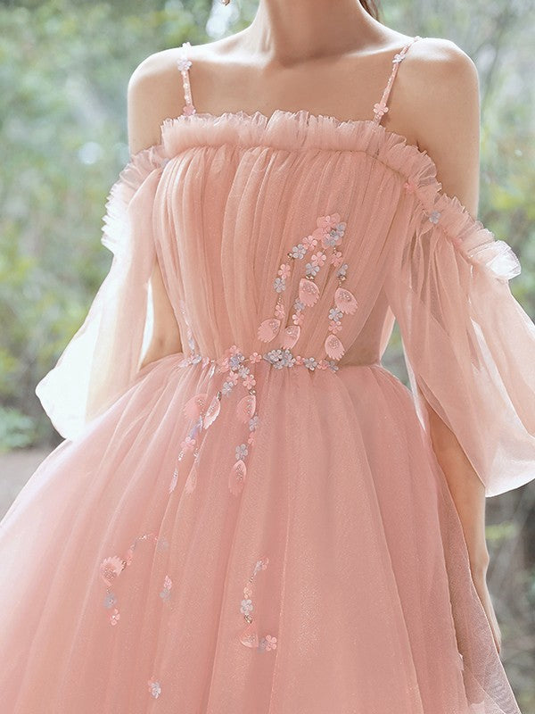 A-line Princess Tulle Beaded Italian Noodle Strap Mini Dress