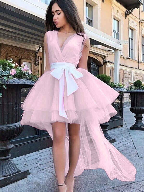 A-line skirt princess sheer satin belt V-neck sleeveless short mini skirt
