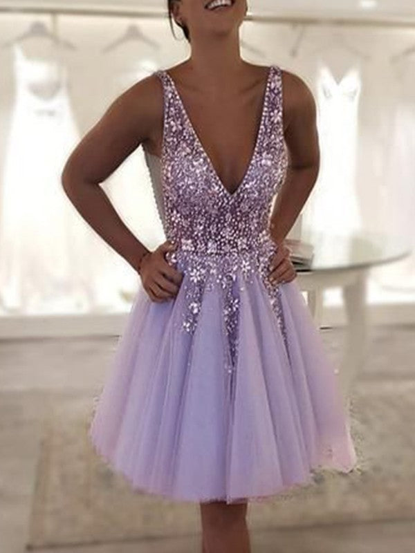 A-line elegant princess sheer beaded V-neck sleeveless mini dress