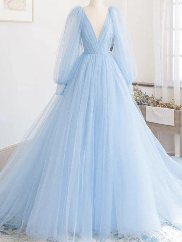 A-line elegant princess sheer ruffled V-neck long sleeved evening dress