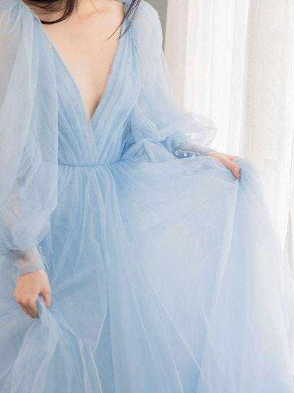 A-line elegant princess sheer ruffled V-neck long sleeved evening dress