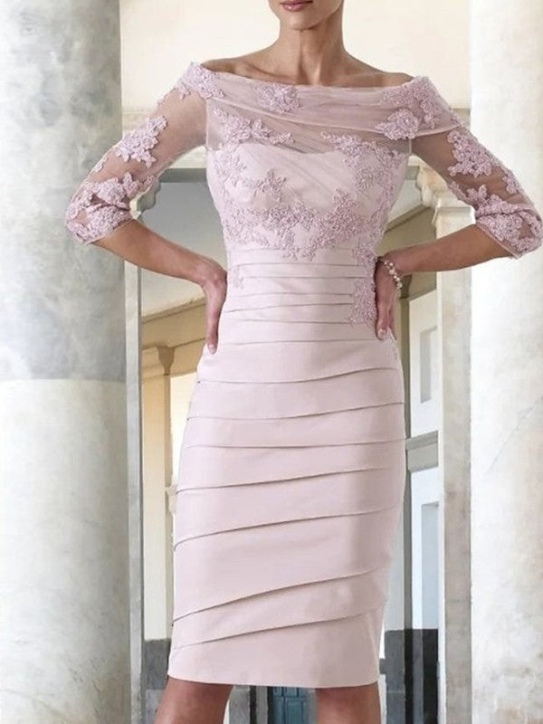 Columnar satin decal Scoop medium long sleeved knee length bridal gown
