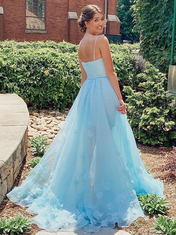 A-line Princess Organza Handmade Flower Italian Noodle Strap Train Skirt