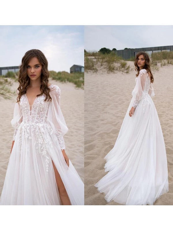 A-line princess style lace decal V-neck long sleeved large hem wedding dress