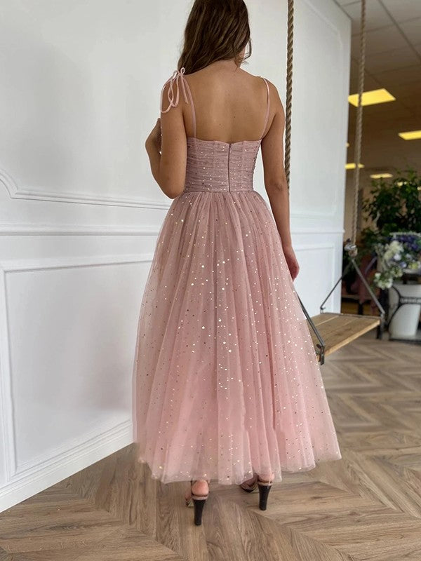 A-line Elegant Princess Ruffle Italian Noodle Strap Sleeveless Knee Length Dress