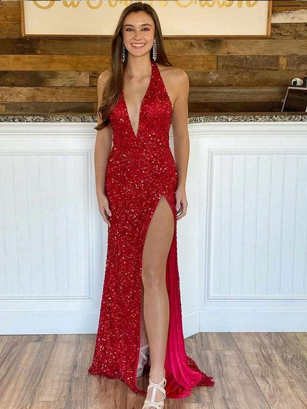 Slim fit sequin neck hanging sleeveless sweeping brush trailing dress