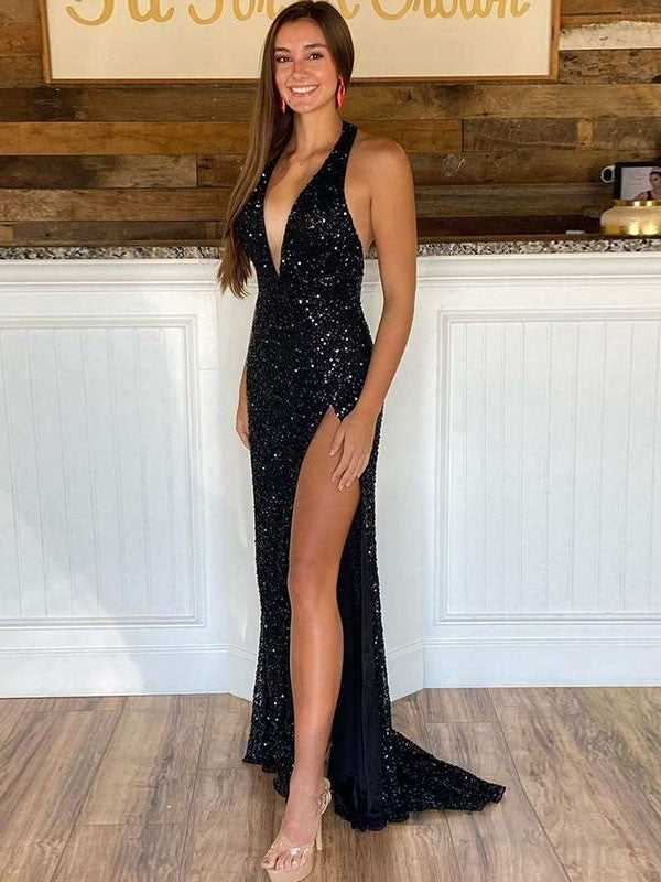 Slim fit sequin neck hanging sleeveless sweeping brush trailing dress