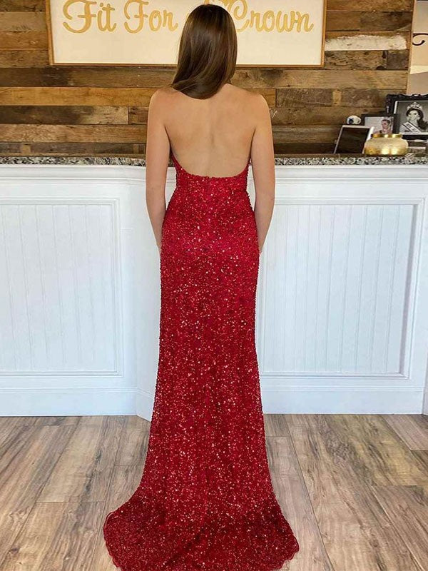 Slim fit sequin neck hanging sleeveless sweeping brush trailing dress