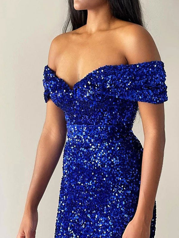 Mermaid Velvet Sequins Sexy Off the Shoulder Sleeveless Brush Train Skirt