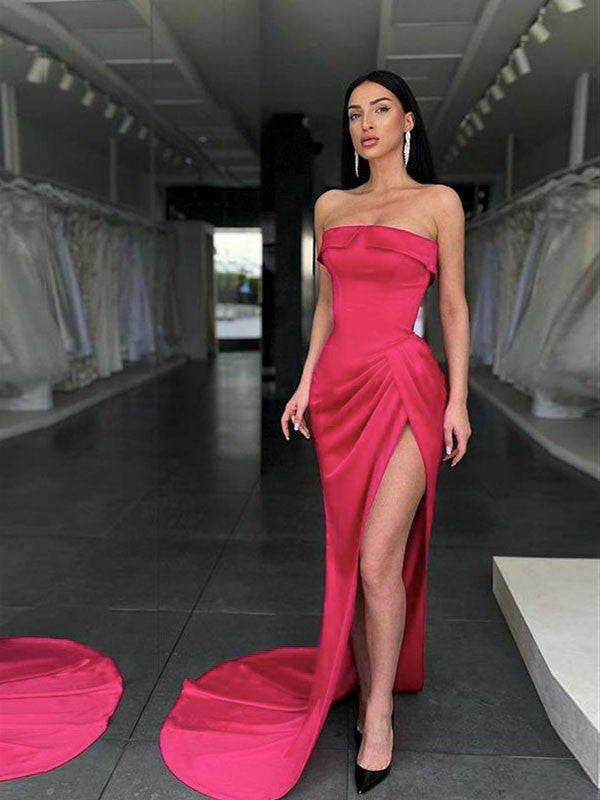 Tight and elastic woven satin pleated strapless sleeveless large hem drag dress