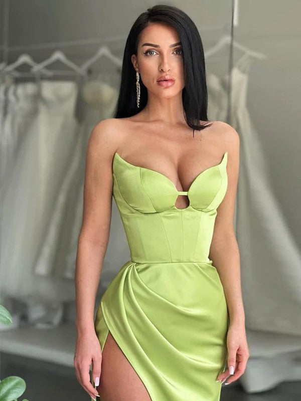 Tight satin pleated Sweetheart Sleeveless Sweeper Brush Tail Dress