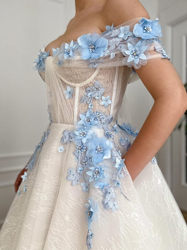 A-line Elegant Princess Lace Handmade Flower Off the Shoulder Sleeveless Floor Dress