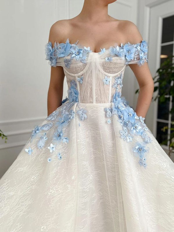 A-line Elegant Princess Lace Handmade Flower Off the Shoulder Sleeveless Floor Dress