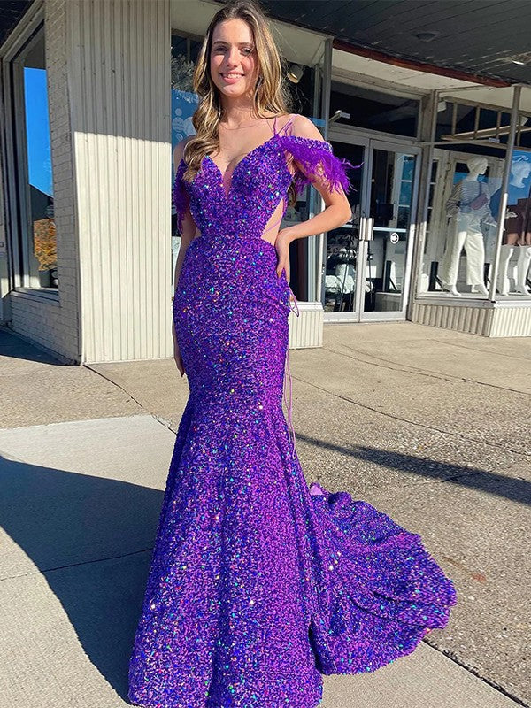 Pillar shaped velvet sequin feather fur V-neck sleeveless palace dress