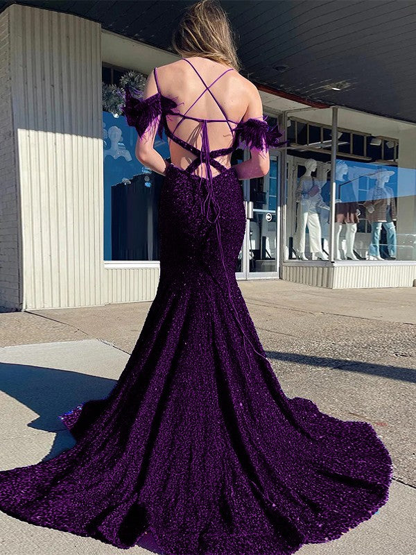 Pillar shaped velvet sequin feather fur V-neck sleeveless palace dress