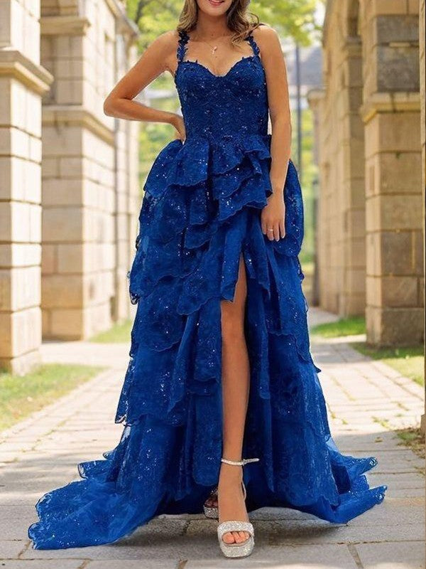 A-line Princess sheer lace with sleeveless sweeping hair party dress