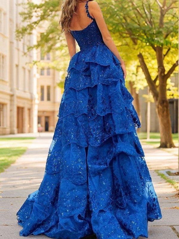 A-line Princess sheer lace with sleeveless sweeping hair party dress
