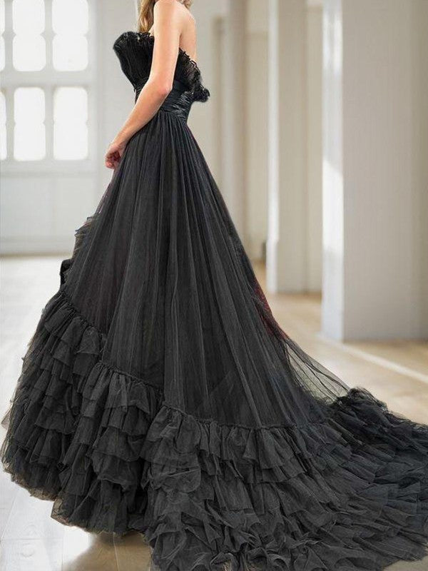 A-line sheer ruffled sleeveless formal court party dress