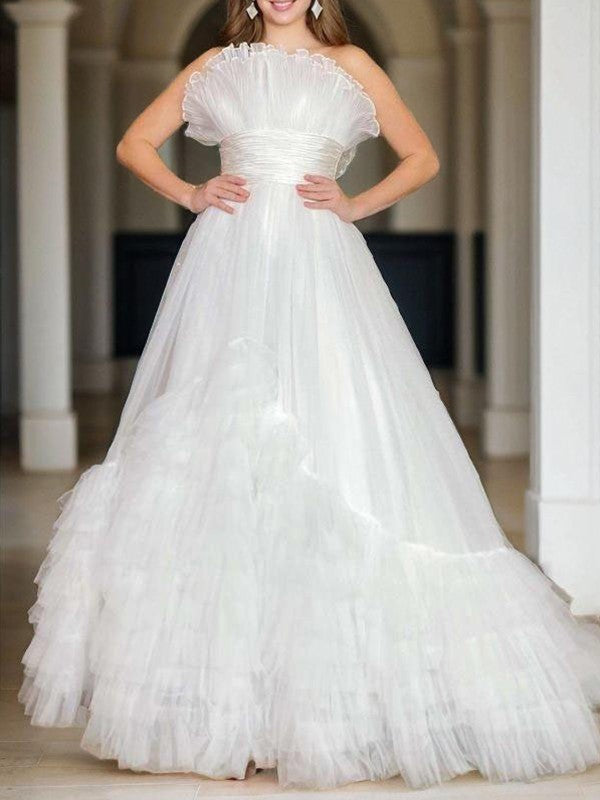 A-line sheer ruffled sleeveless formal court party dress