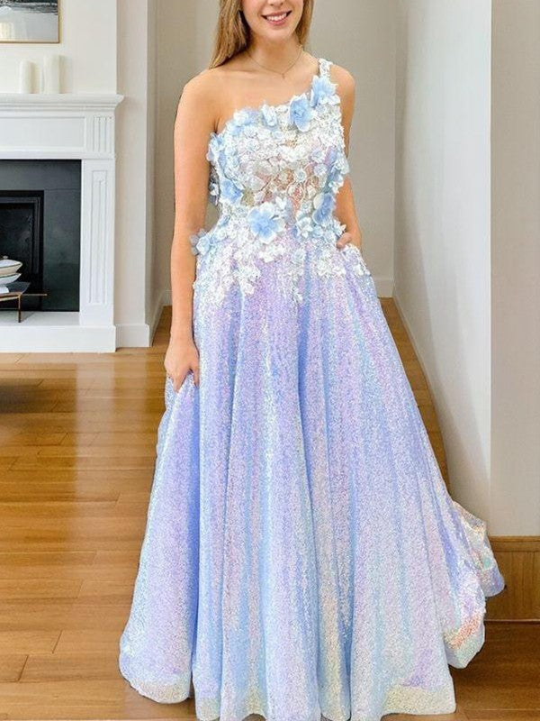 Sweet Princess Applique One Shoulder Sleeveless Evening Dress