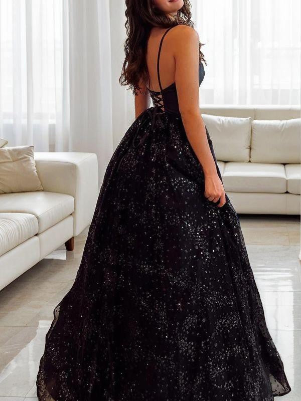 A-line Princess Satin Sexy V-neck Sleeveless Party Ball Evening Dress