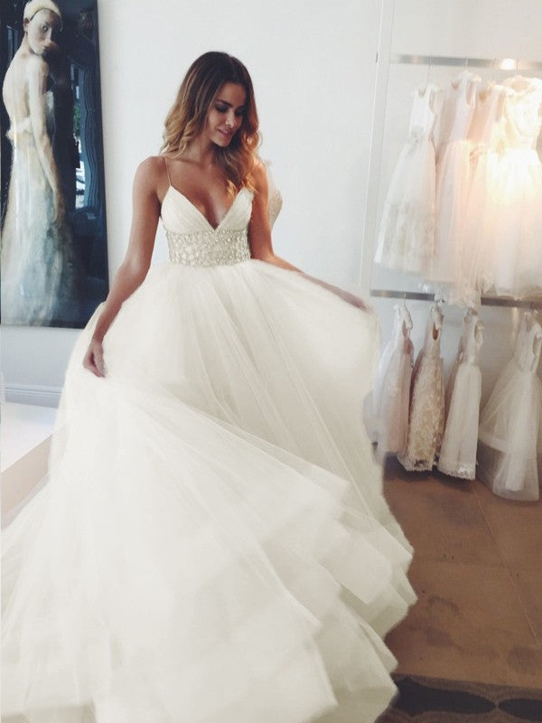 Sexy shoulder strap sleeveless crystal court skirt sheer wedding dress