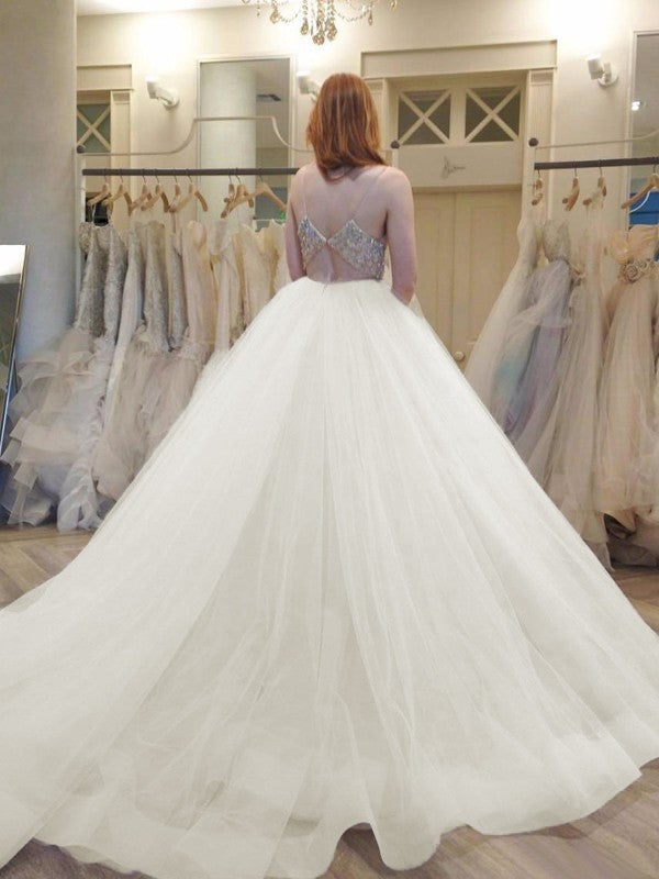 Sexy shoulder strap sleeveless crystal court skirt sheer wedding dress