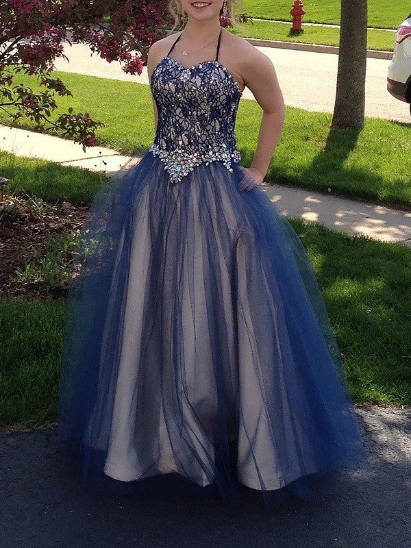 Ball Gown Sleeveless Italian Noodle Beaded Floor Tulle Dress