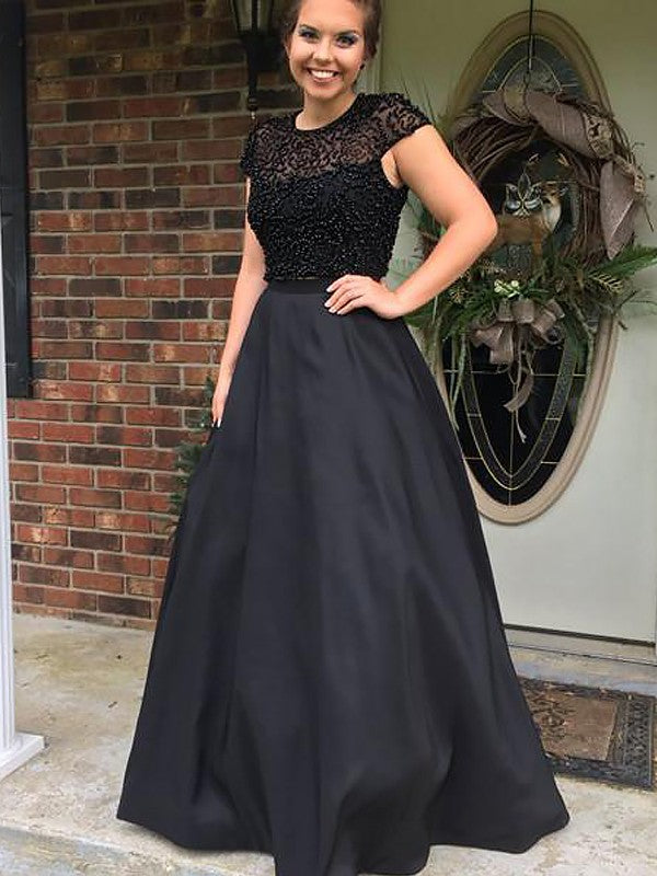 A-line Elegant Princess Jewel Sleeveless Floor Dragging Beaded Satin Dress