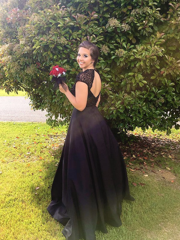 A-line Elegant Princess Jewel Sleeveless Floor Dragging Beaded Satin Dress