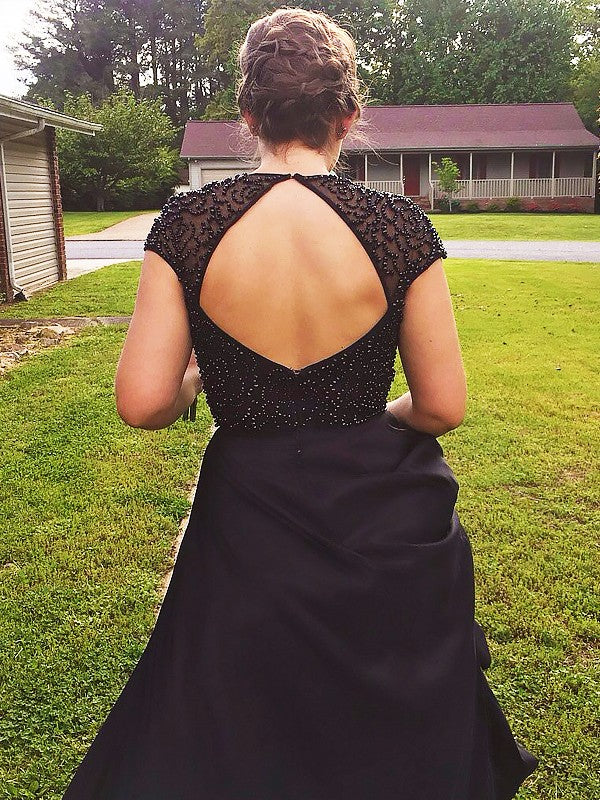 Sweet Princess Jewel Sleeveless Floor Dragging Beaded Satin Dress