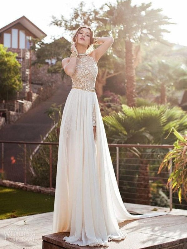 A-line Skirt Sweet Princess Halt Sleeveless Lace Chiffon Bra Dress