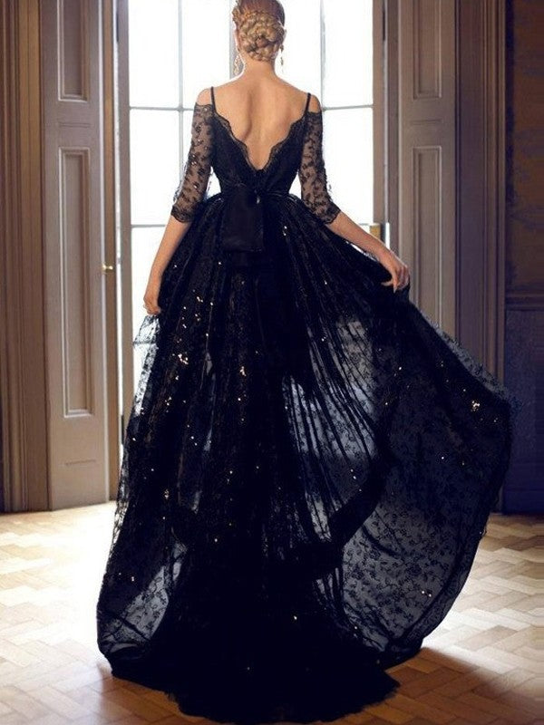 A-line Elegant Princess Italian Noodle Strap Sleeveless High Low Lace Dress