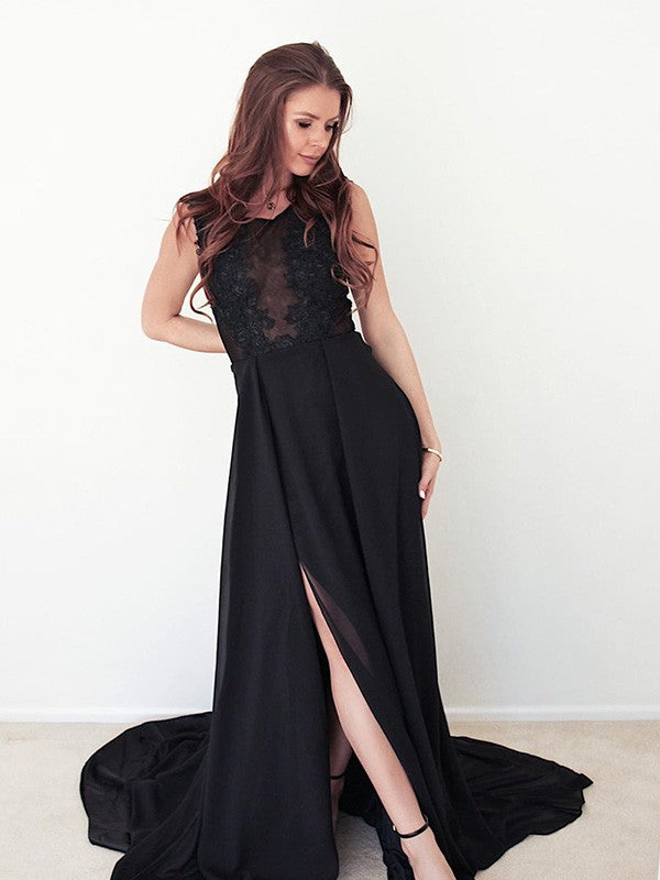 A-line Princess Satin Chiffon Scoop Sweet Sleeveless Dress
