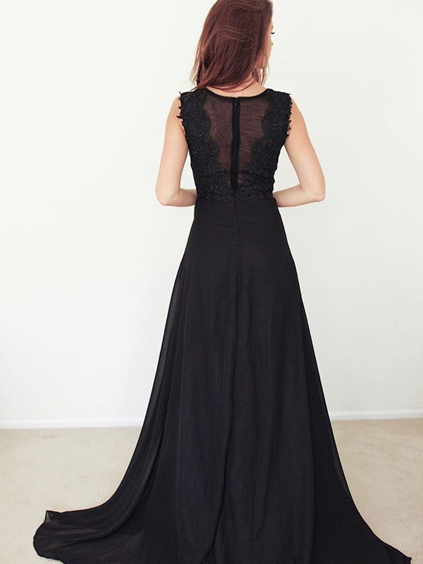 A-line Princess Satin Chiffon Scoop Sweet Sleeveless Dress