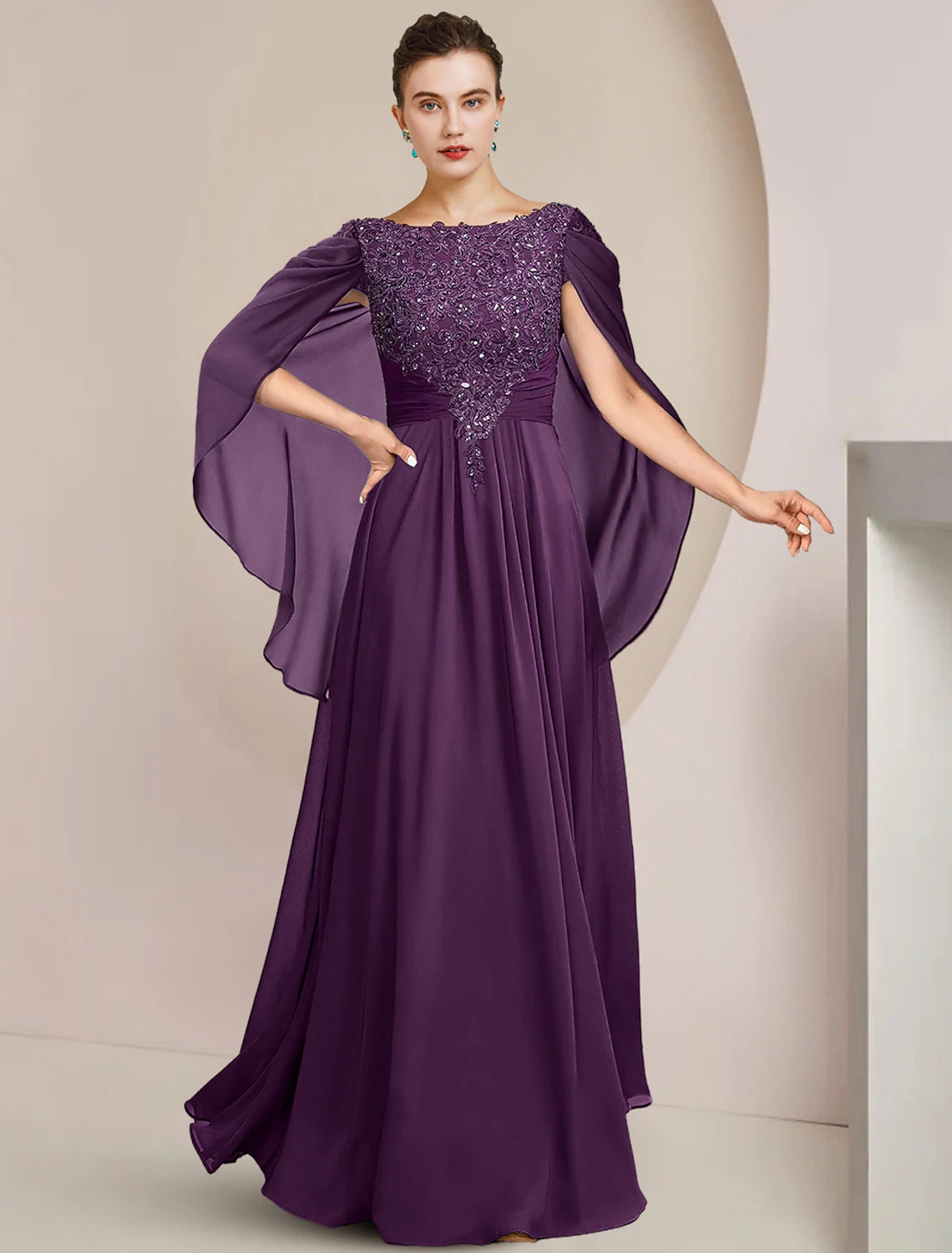 A-shaped Bride Mom Dress Formal Wedding Guests Noble and Elegant Low Round Neck and Floor Length Chiffon Lace Sleeveless Beaded Sequin Stickers