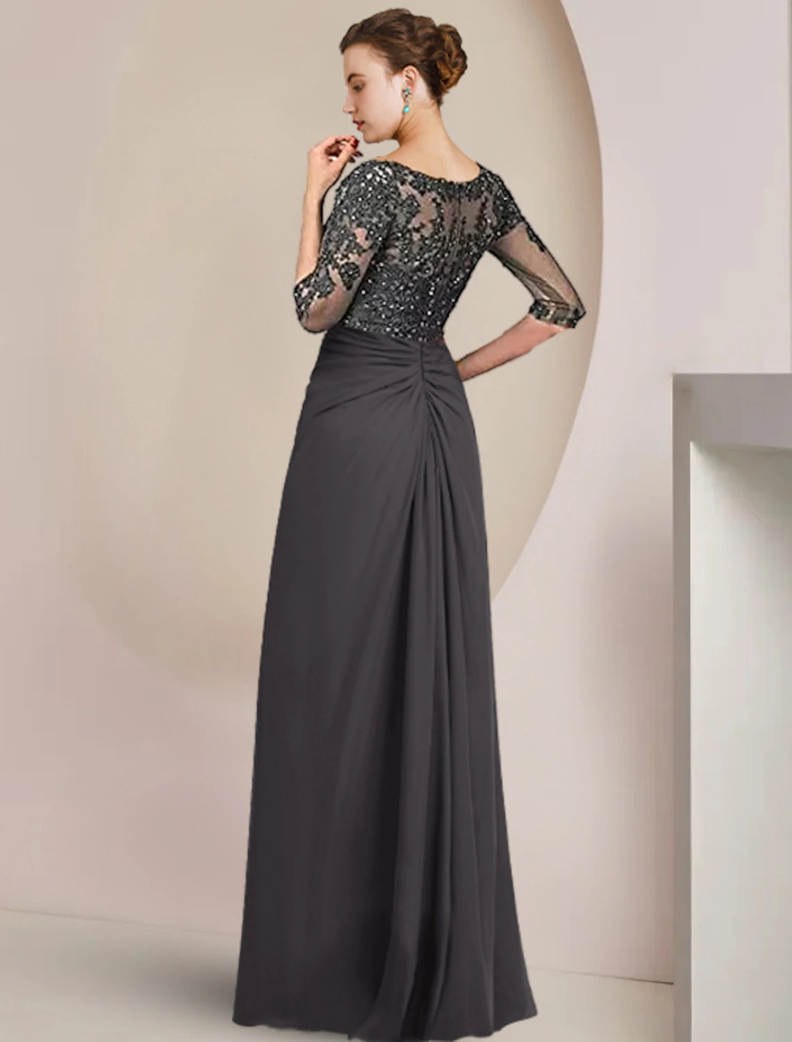 Set of pillars bride mother dignified dress formal wedding guests square neck to floor length chiffon lace 3/4 long sleeves with sequin stickers and pleats