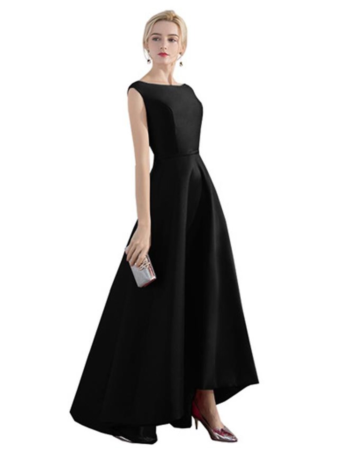 A-line Evening Dress Wedding Guest Party Asymmetric Sleeveless Jewel Neck Satin Fashion