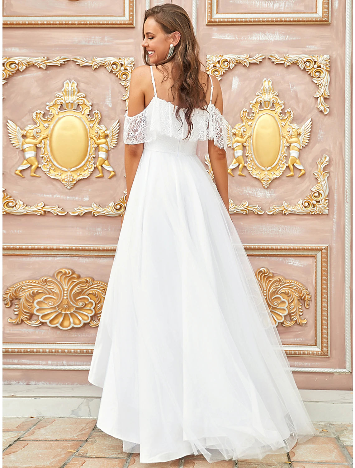 A-line Off Shoulder Short Sleeve Asymmetric Small White Skirt Bohemian Wedding Dress Lace Bridal Dress Lace Drop