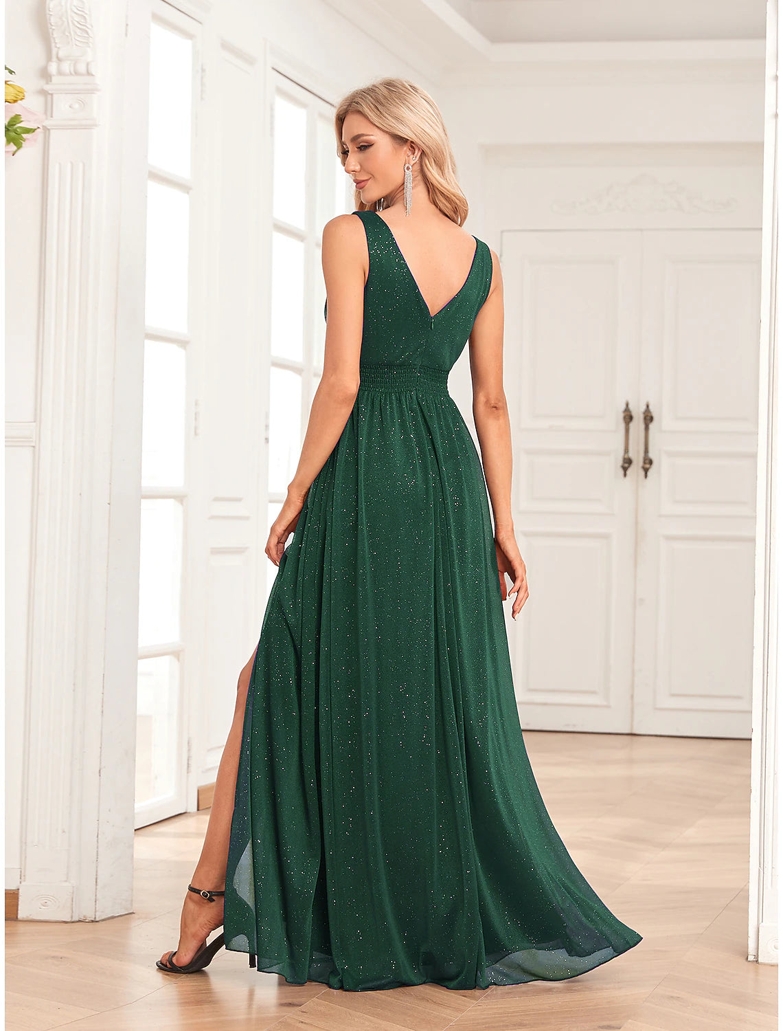 A-line Elegant Evening Dress Wedding Guests Party and Floor Length Sleeveless V-neck Spandex V-shaped Back with Sparkling Slits