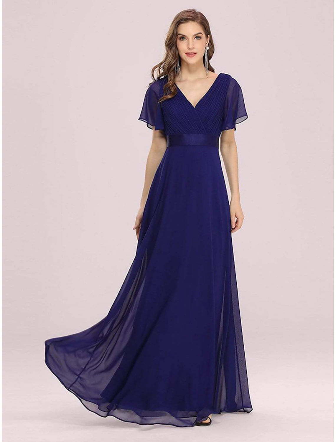 A-line Party Evening Dress Wedding Guest Long Short Sleeve V-Neck Bridesmaid Dress Chiffon V-Strap Ruffle Edge