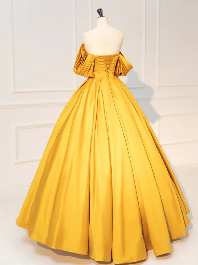 Yellow Off Shoulder Satin Long Evening Dress Yellow Long Evening Dress