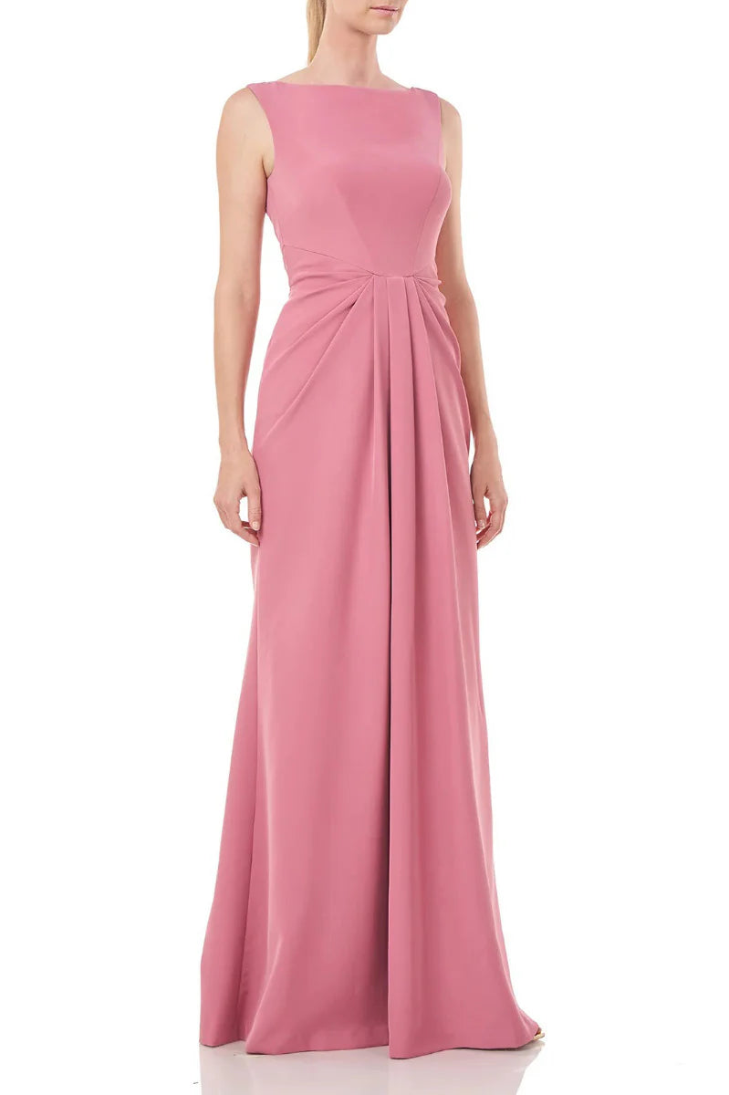 Boat Neck Sleeveless Pleated Front Zipper Back Solid Stretch Crepe Prom Dress