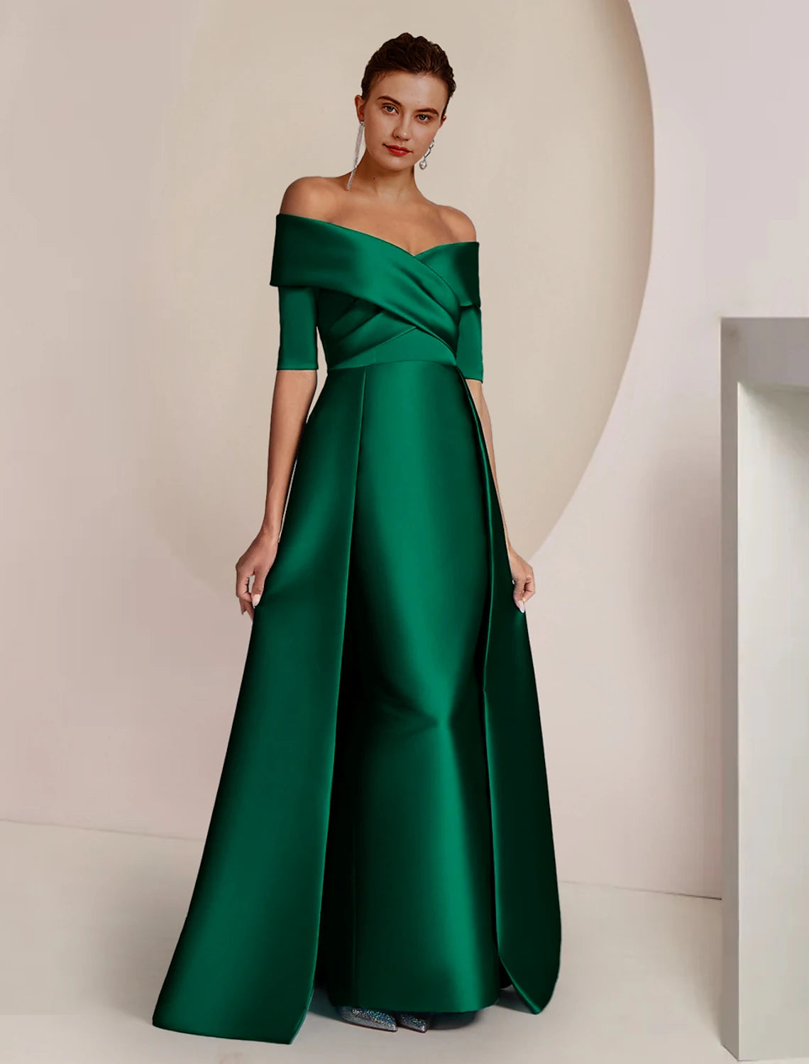Pillar Set Bride Mom Dress Formal Wedding Guest Party Off the Shoulder Floor Long Satin with Ruffles
