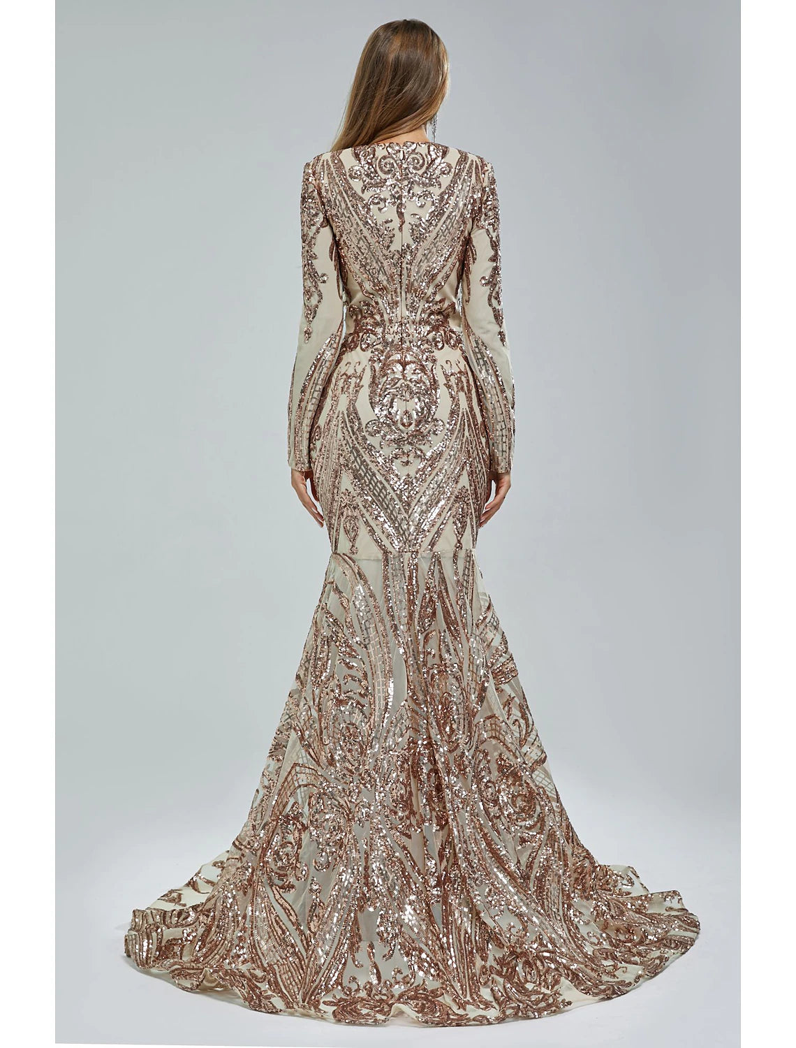 Mermaid Loudspeaker Elegant Evening Dress Carnival Long sleeved V-neck African American Lace with Sequins
